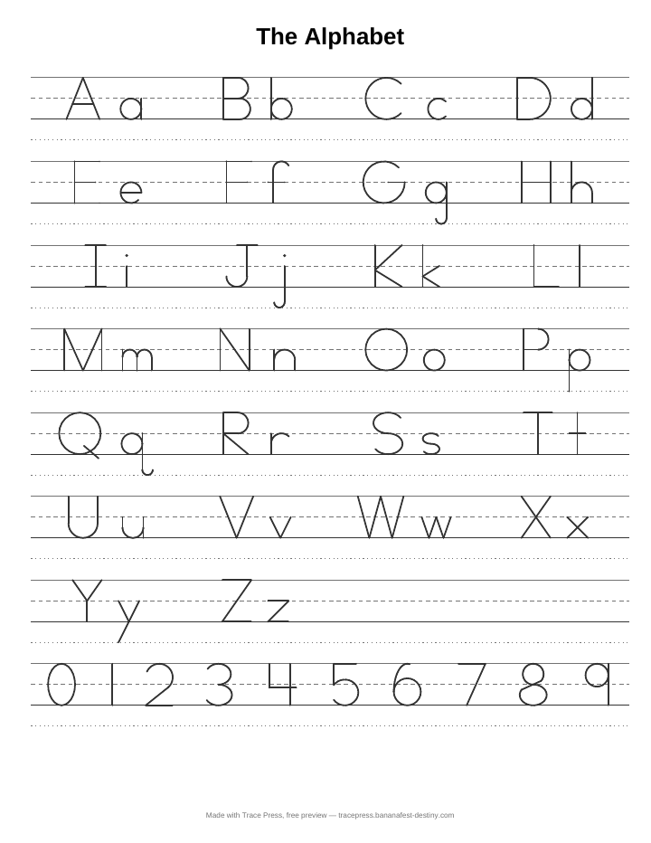 Print alphabet chart: capital and lowercase letters Aa to Zz, four to a row on handwriting lines, then the numbers 0 to 9