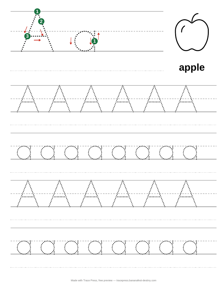 Alphabet tracing worksheet for A: a large capital A and lowercase a with numbered start dots and stroke arrows, an outline of an apple with the word apple under it, then rows of dotted A's and a's to trace on handwriting lines