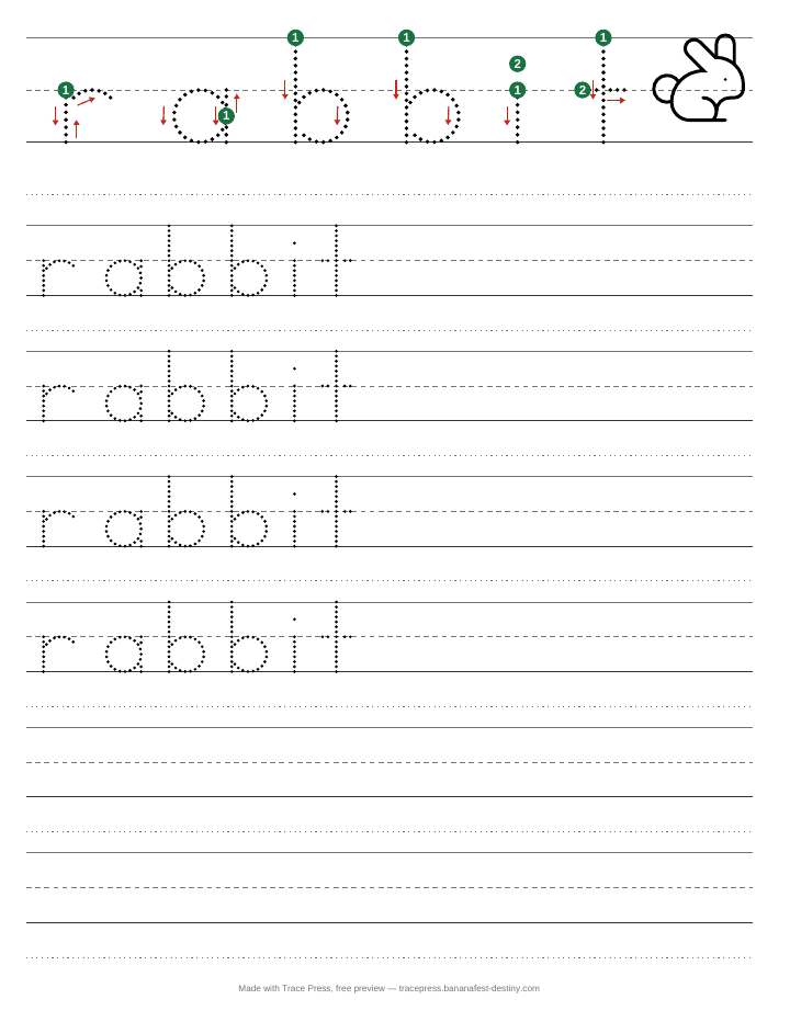 An animal tracing worksheet for the word rabbit, with a rabbit outline to colour, start dots and stroke arrows, then dotted rows to trace