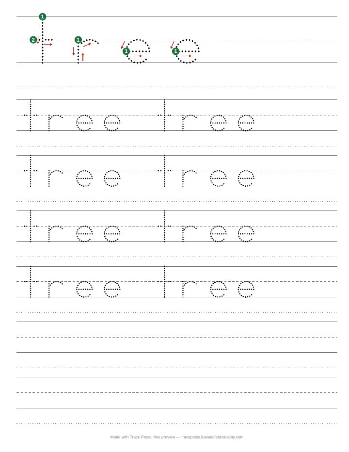 A Christmas tracing worksheet for the word tree, with start dots and stroke arrows, then dotted rows to trace