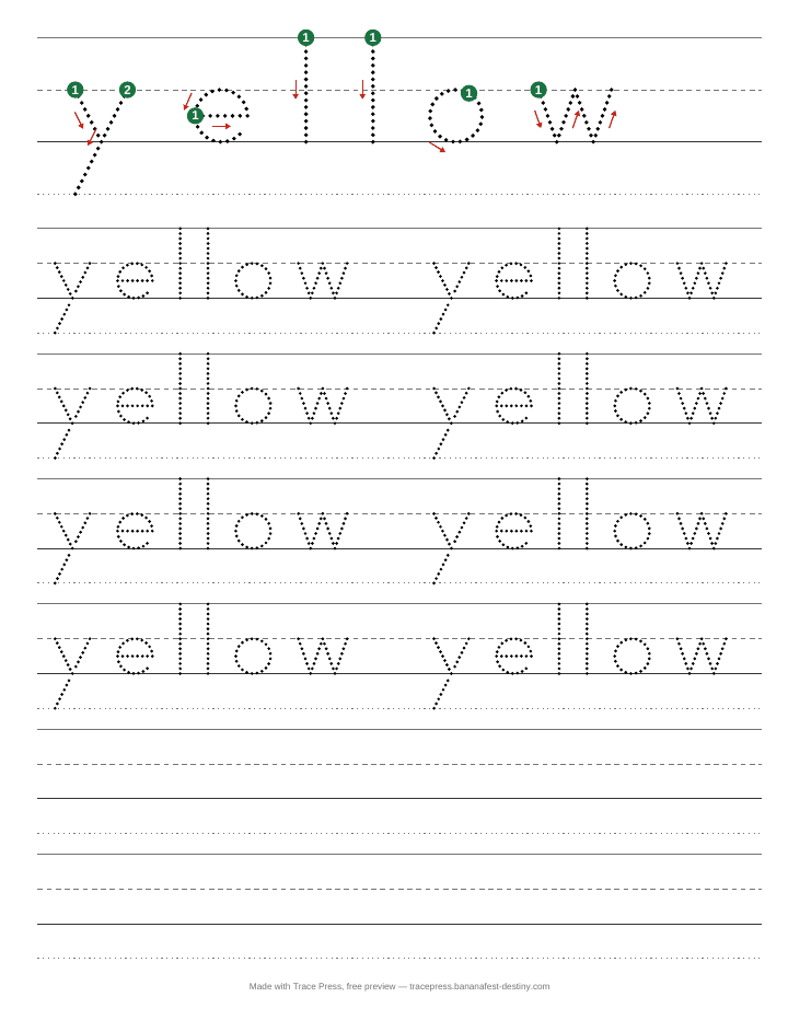 A color word tracing worksheet for yellow, with start dots and stroke arrows on each letter, then dotted rows to trace on four-line guides