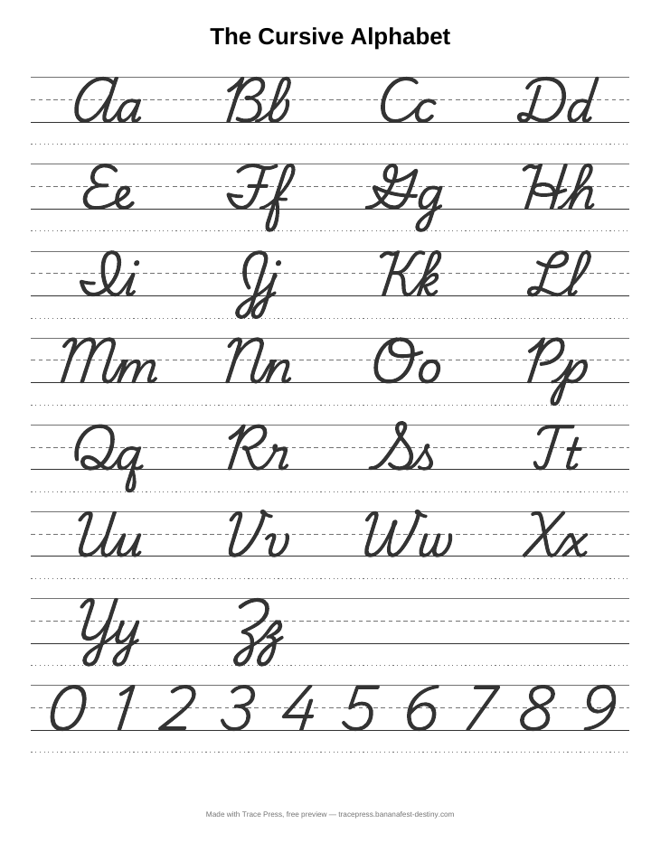 Cursive alphabet chart: capital and lowercase cursive letters Aa to Zz, four to a row on handwriting lines, then the numbers 0 to 9