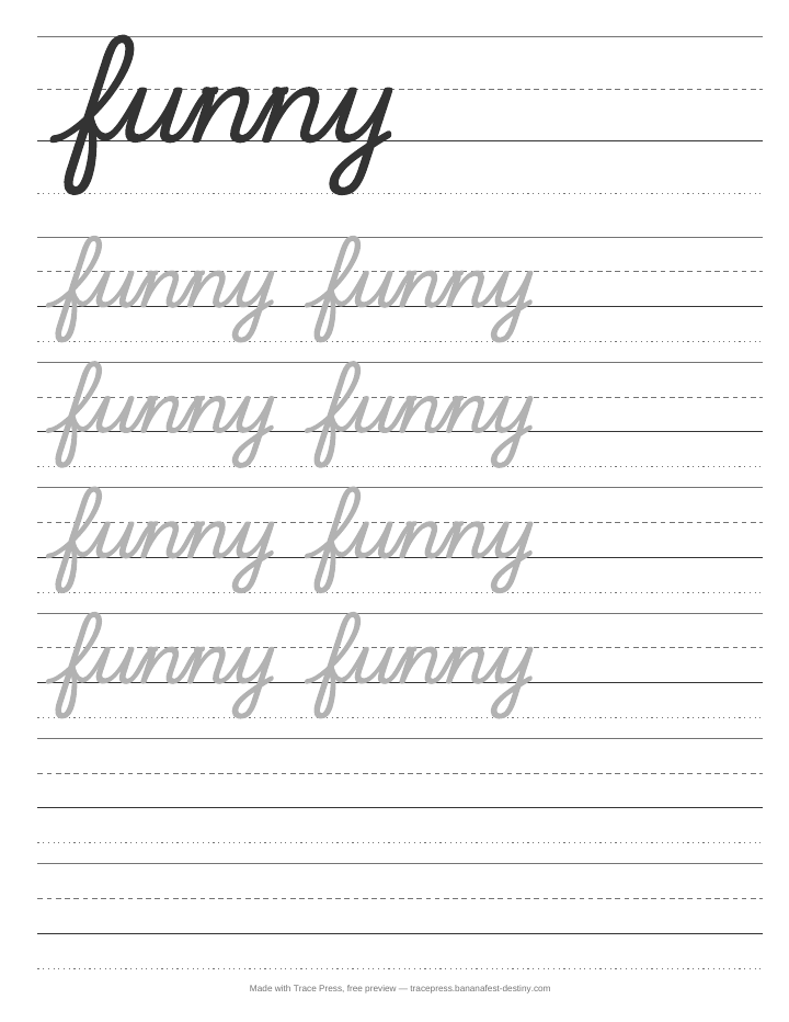 A page from a cursive handwriting workbook: the word funny in solid joined cursive, rows of it in grey to trace over, then blank handwriting lines