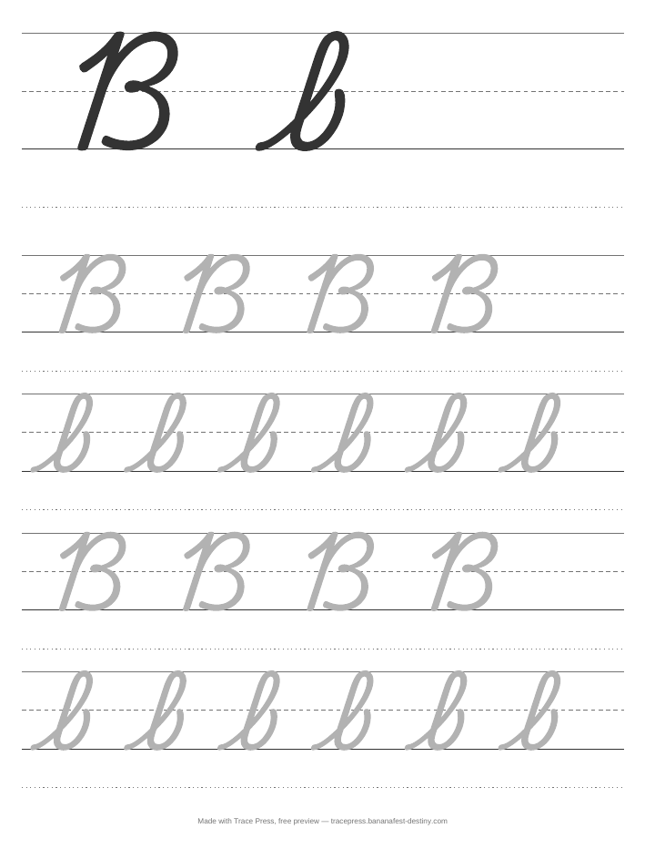 Cursive letter B tracing worksheet: a solid cursive capital B and lowercase b, then rows of grey cursive B's and b's to trace on handwriting lines