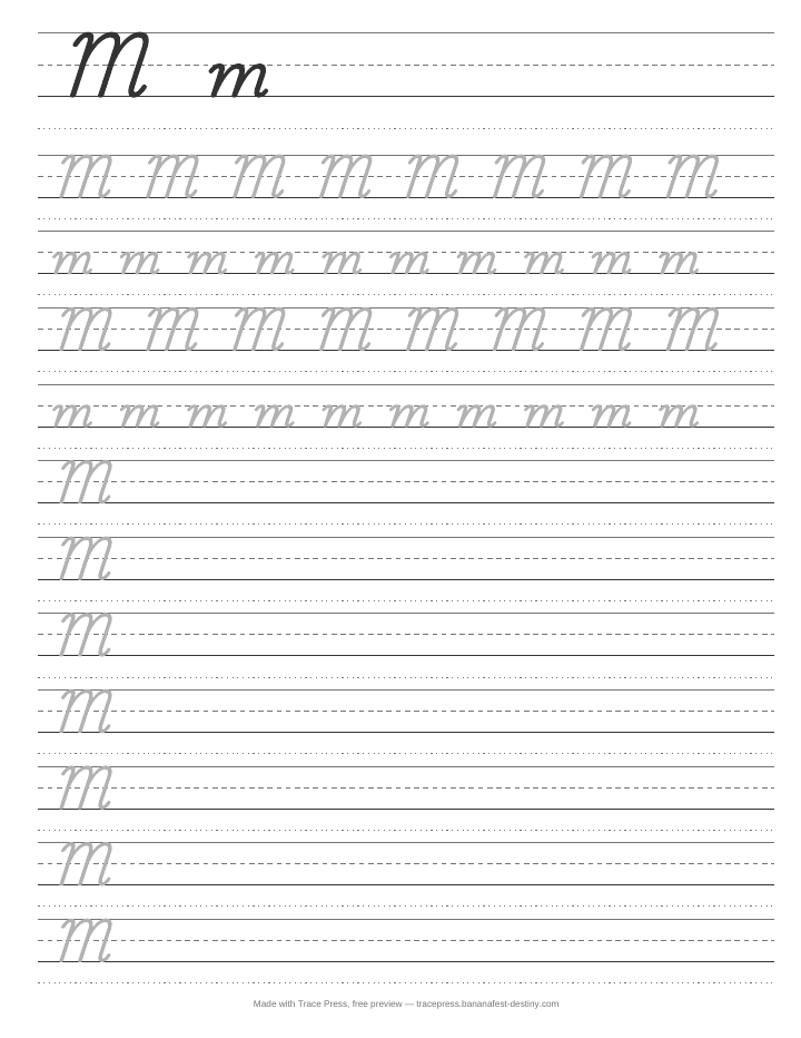 Cursive practice sheet for the letter M: a solid capital and lowercase m on handwriting lines, then rows of grey cursive m to trace and rows to write freely