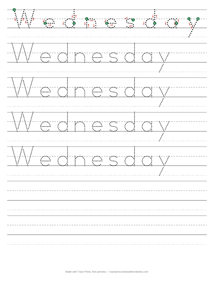 A days of the week tracing worksheet for Wednesday, with start dots and stroke arrows on each letter, then dotted rows to trace on four-line guides