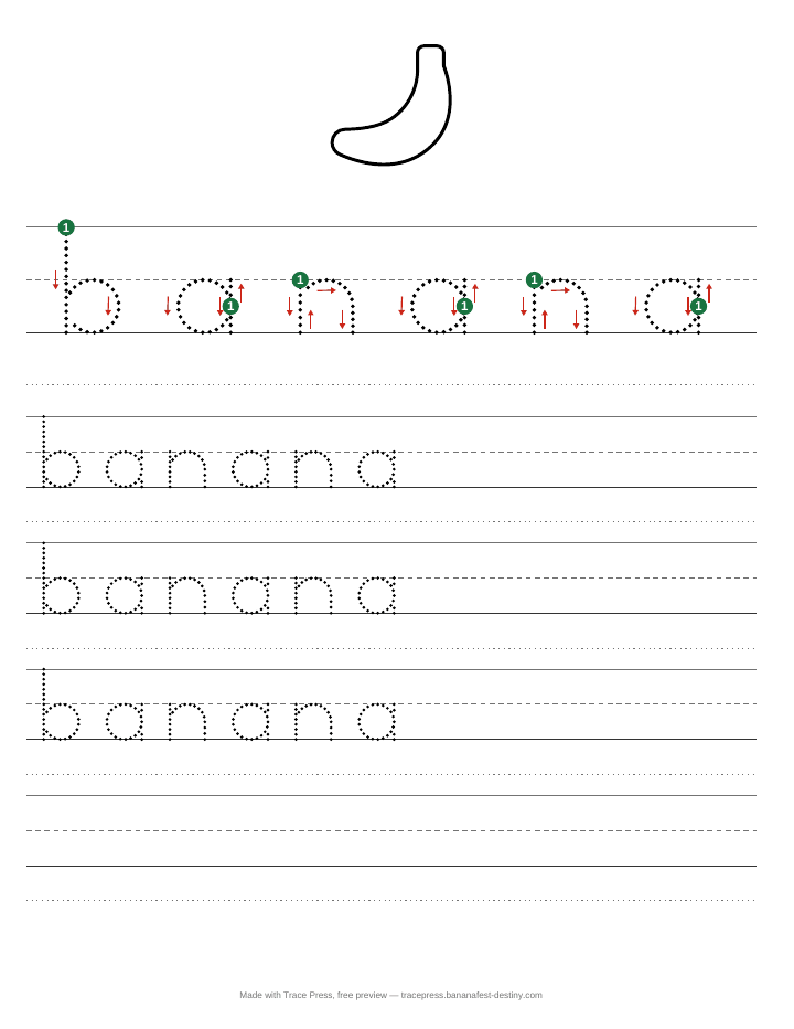 A food tracing worksheet for the word banana, with a banana outline to colour, start dots and stroke arrows, then dotted rows to trace