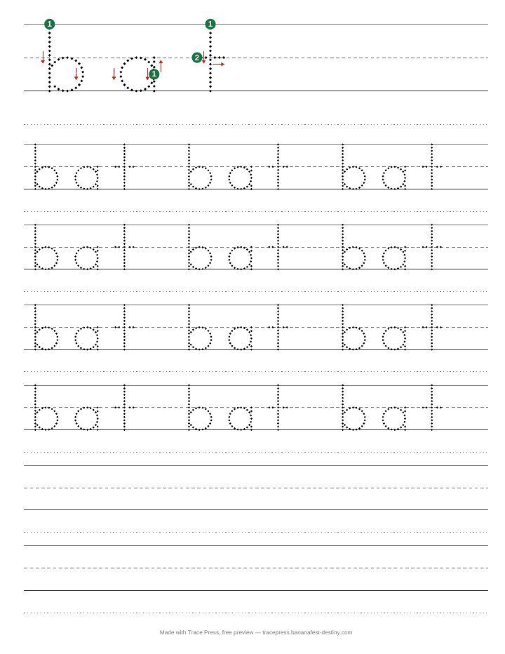 A Halloween tracing worksheet for the word bat, with start dots and stroke arrows, then dotted rows to trace