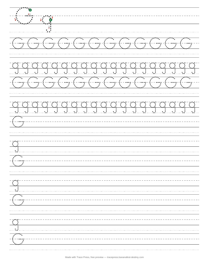 Handwriting practice sheet for the letter G: a capital and lowercase g with start dots and arrows, then rows of dotted G and g to trace and rows to write freely