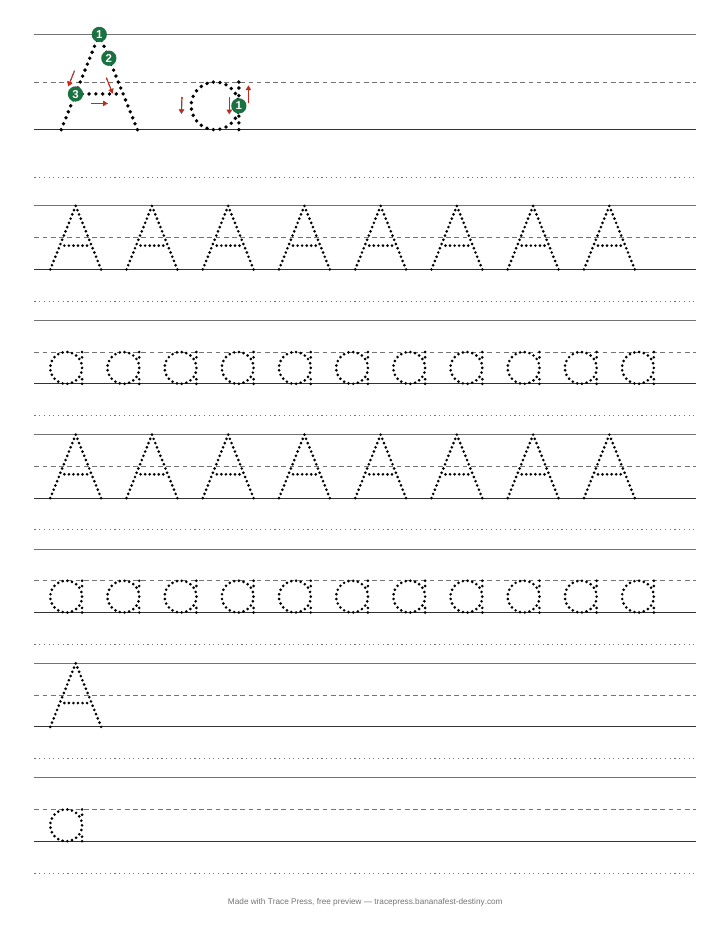 A Trace Press tracing page for A: a model letter with numbered start dots and stroke arrows, then rows of dotted letters