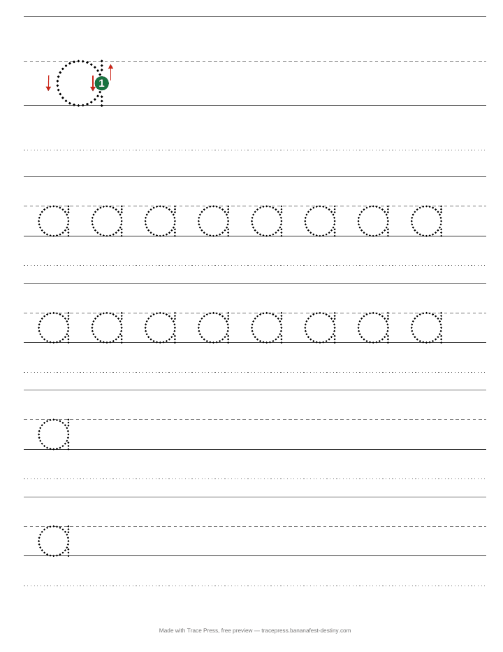 Lowercase letter a tracing worksheet: a large lowercase a with a numbered start dot and stroke arrows, then rows of dotted a's to trace on handwriting lines