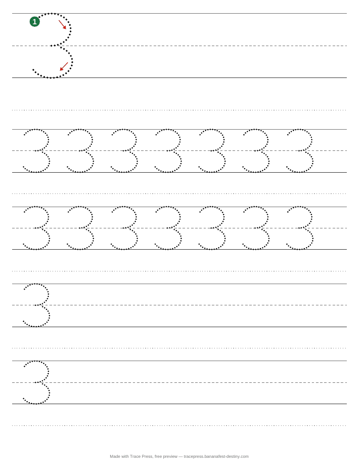 A number tracing page for 3, with start dots and arrows, then rows of dotted 3s to trace