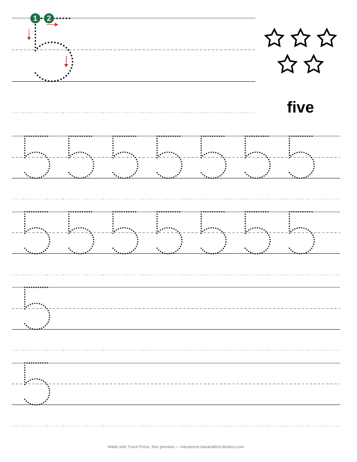 Number 5 tracing worksheet: a large 5 with numbered start dots and stroke arrows, five outlined stars to count with the word five under them, then rows of dotted 5s to trace on handwriting lines