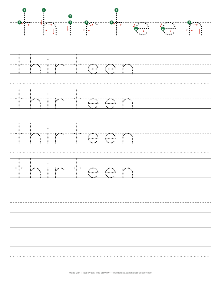 A number word tracing worksheet for thirteen, with start dots and stroke arrows on each letter, then dotted rows to trace on four-line guides
