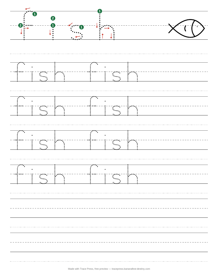 A word tracing worksheet for the word fish, with a fish outline to colour, start dots and stroke arrows, then dotted rows to trace