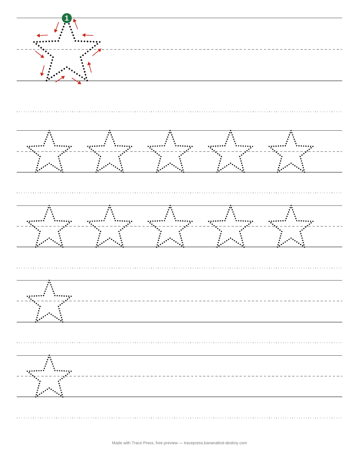 Shape tracing worksheet: a large star with a numbered start dot and arrows, then rows of dotted stars to trace