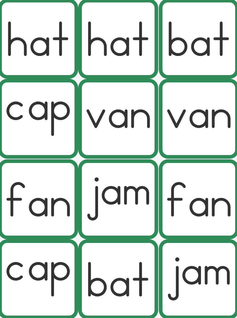 A finished matching game: twelve white cards in pairs of short a words, edged in the short a green