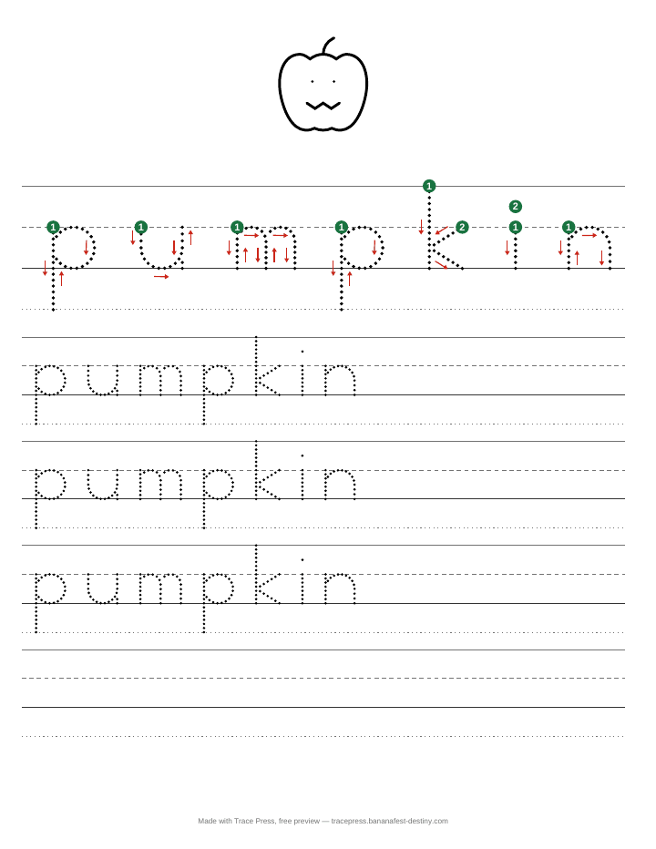 A Thanksgiving tracing worksheet for the word pumpkin, with a pumpkin outline to colour, start dots and stroke arrows, then dotted rows to trace