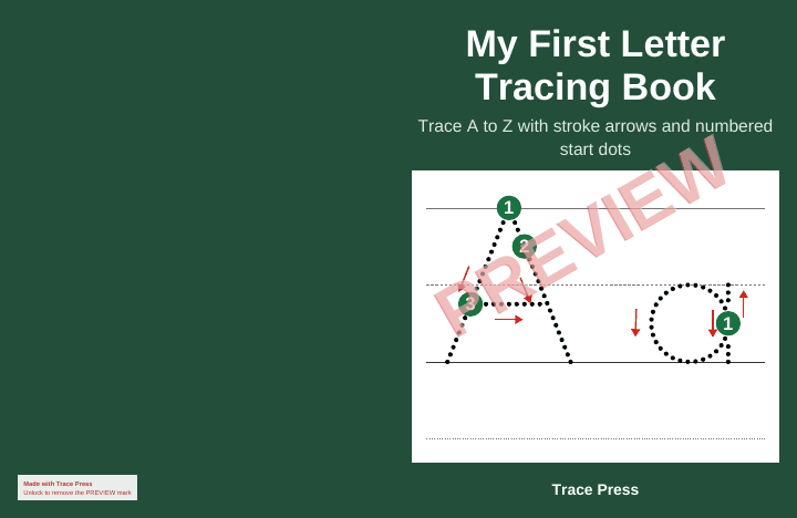 A full-wrap tracing book cover laid flat: back cover, a thin blank spine, and the front with a traced letter A