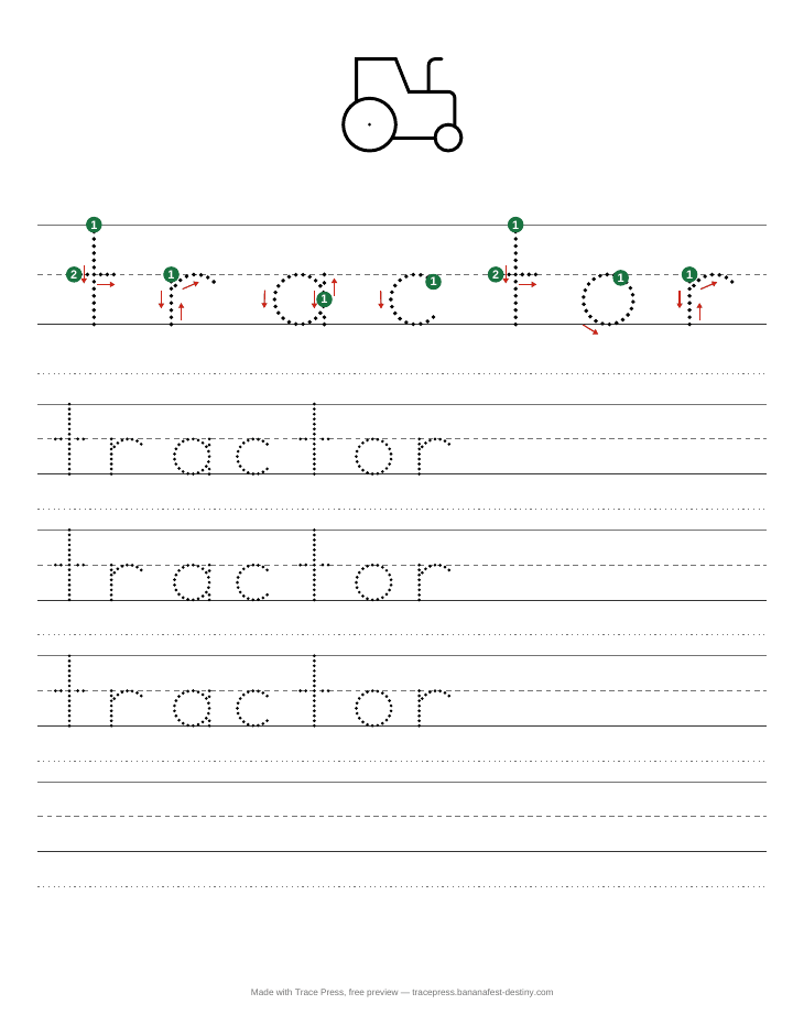 A transportation tracing worksheet for the word tractor, with a tractor outline to colour, start dots and stroke arrows, then dotted rows to trace