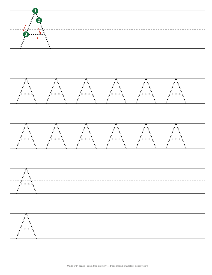Uppercase letter A tracing worksheet: a large capital A with numbered start dots and stroke arrows, then rows of dotted capital A's to trace on handwriting lines